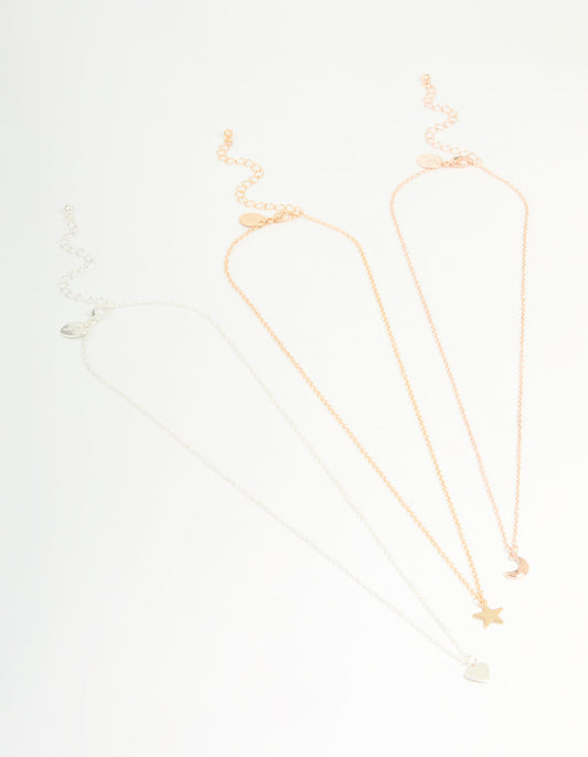 Mixed Metal Star, Moon & Heart Necklaces 3-Pack