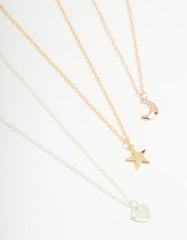 Mixed Metal Star, Moon & Heart Necklaces 3-Pack