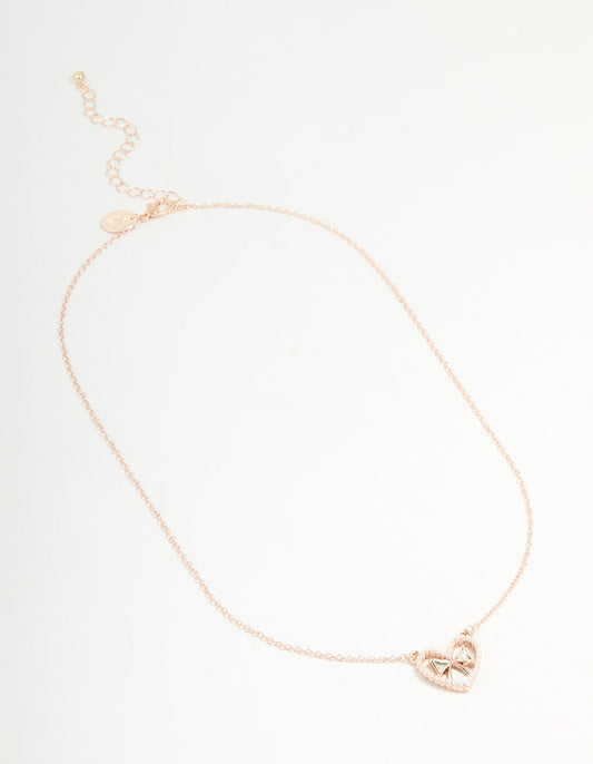 Rose Gold Pearl Heart & Bow Necklace