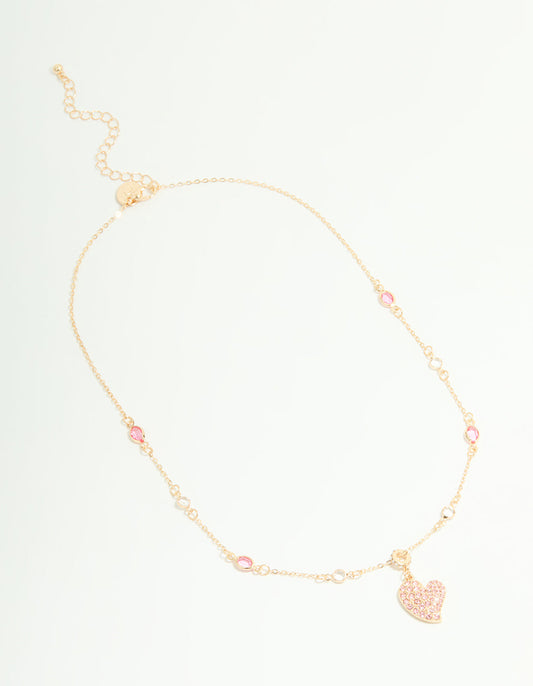 Gold Pink Diamante Heart Rondell Necklace