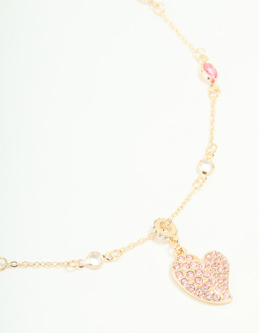 Gold Pink Diamante Heart Rondell Necklace