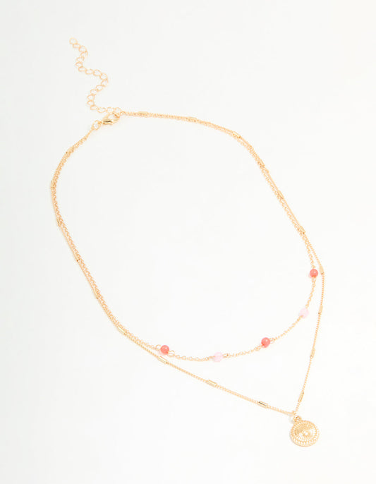Gold Red & Pink Beaded & Pendant Layered Necklace
