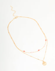 Gold Red & Pink Beaded & Pendant Layered Necklace
