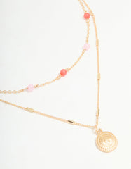 Gold Red & Pink Beaded & Pendant Layered Necklace