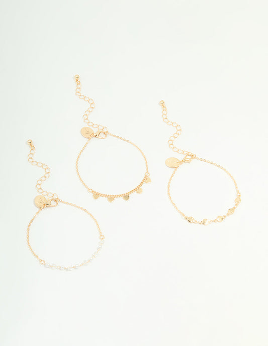 Gold Disc Pearl & Heart Bracelets 3-Pack