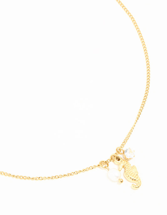 Waterproof Gold Plated Stainless Steel Freshwater Pearl Seahorse Necklace
