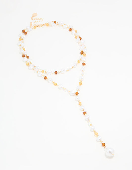 Gold Pearl & Brown Beaded Layered Y-Necklace
