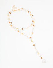 Gold Pearl & Brown Beaded Layered Y-Necklace
