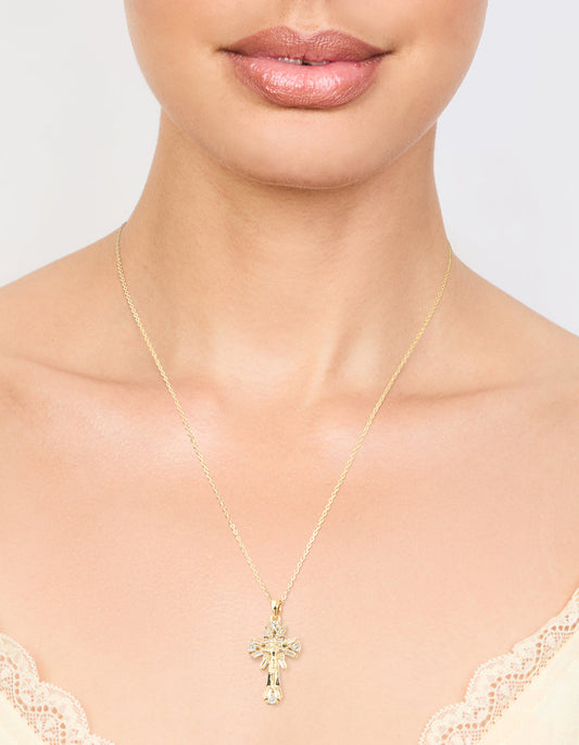 Gold Plated Cubic Zirconia Baguette Cross Pendant Necklace