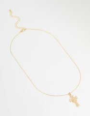 Gold Plated Cubic Zirconia Baguette Cross Pendant Necklace