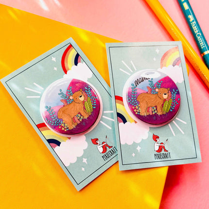 Brown Bear Illustrated Art Vibrant Pin Badge or Magnet- Multiple options available