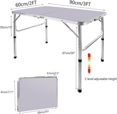 3FT/90CM Picnic Folding Tables, Aluminium Foldable Portable Adjustable Height Lightweight for Camping BBQ, 90x60x37/67cm