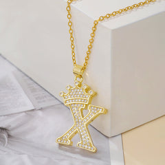 1PCS Fashionable Gold Diamond Crown Uppercase Letter Popular Pendant Necklace Suitable For Daily Use Festivals Parties Gifts Jewelry Set