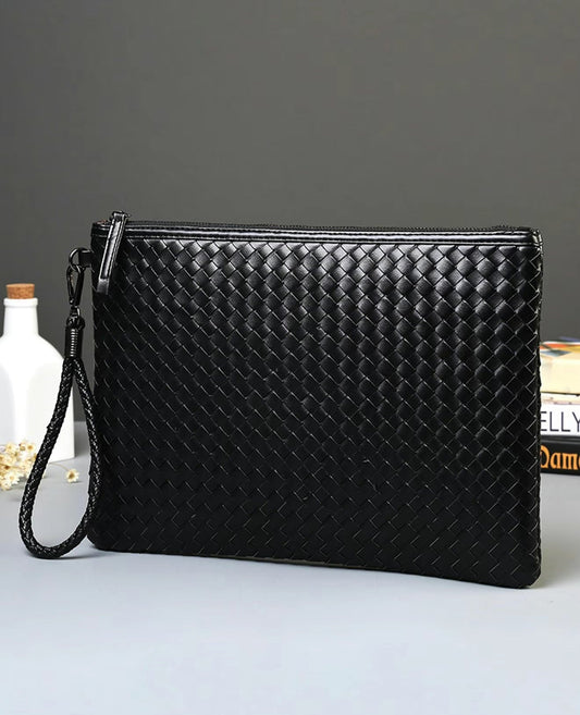 Men’s Black Woven Leather Clutch – Luxury Hand Strap Zip Pouch for Travel & Essentials