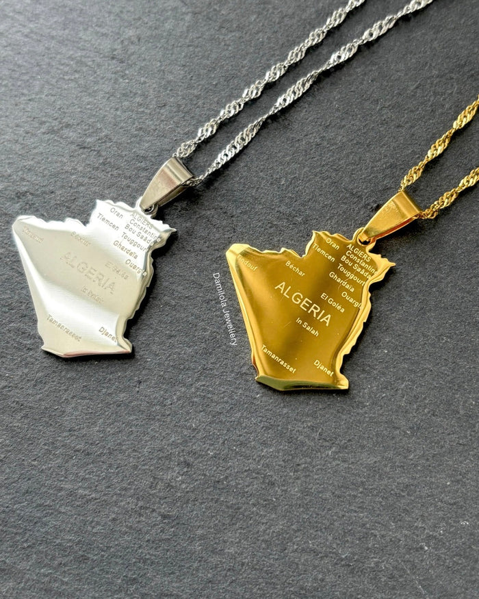 Algeria Engraved Map Necklace - Gold/Silver