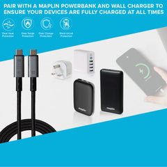 Maplin USB-C to USB-C V5.0 8K 240W PD Braided Cable - Black, 1m