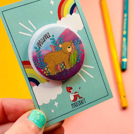 Brown Bear Illustrated Art Vibrant Pin Badge or Magnet- Multiple options available