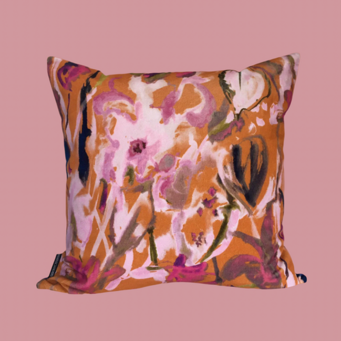Extra Large Watercolour Floral Velvet Cushion - Burnt Orange