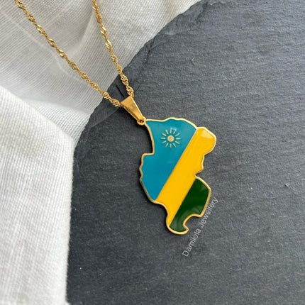 Rwanda Flag Map Necklace - Gold