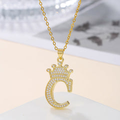 1PCS Fashionable Gold Diamond Crown Uppercase Letter Popular Pendant Necklace Suitable For Daily Use Festivals Parties Gifts Jewelry Set