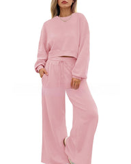 Women's Solid Color Casual Long Sleeves Trousers Two-piece Set