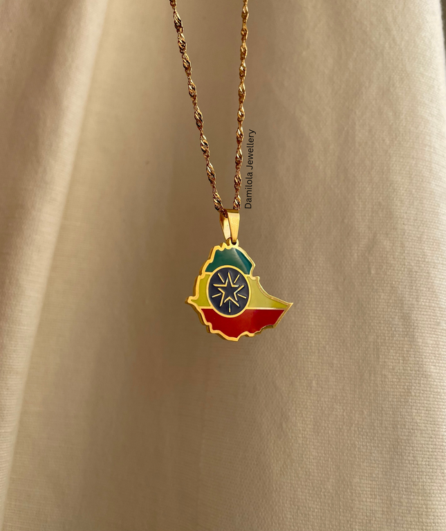 Ethiopia Flag Map Necklace - Silver/Gold