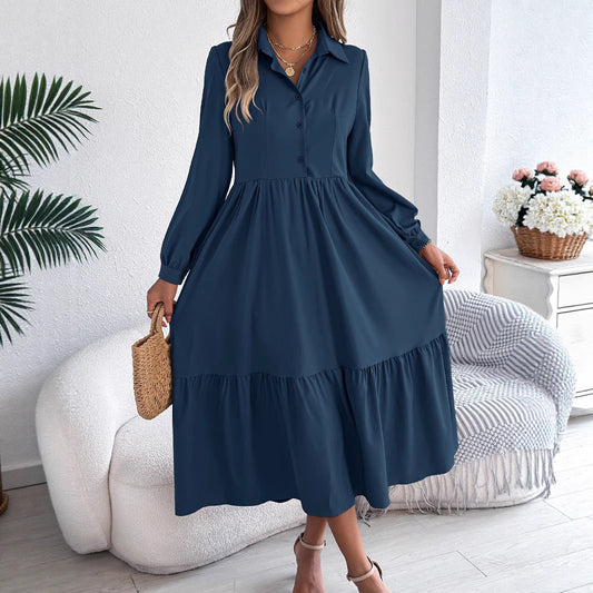 Women's Lapel Casual Loose Long Sleeve Ruffled Shirt Dresses Long Sleeved Turn-down Collar Single-Breasted Dress Spring Autumn Fashion Women's Clothing For Vacation