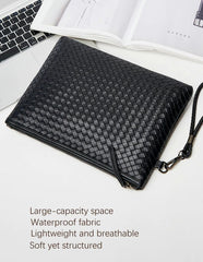Men’s Black Woven Leather Clutch – Luxury Hand Strap Zip Pouch for Travel & Essentials