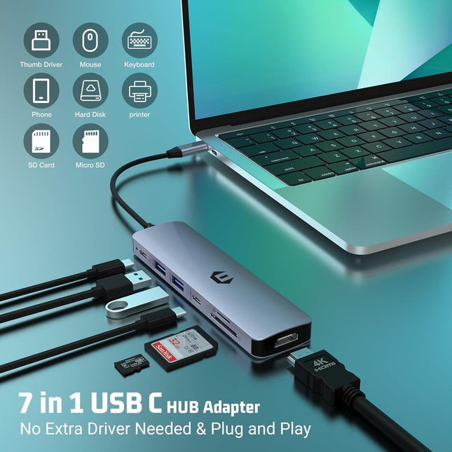 USB C Docking Station 7 in 1 Adapter with HDMI USB C 2 USB 3.0 100W PD SD/TF
