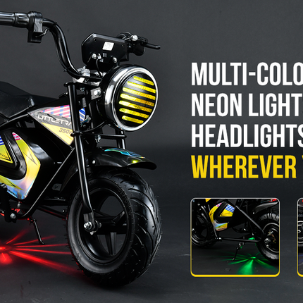 Littletrax 350W Kids Electric Bike – Ages 3 to 12+ ride on mini monkey bike - 3 speed, Bluetooth music, horn, lights, 36v