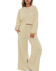 Women's Solid Color Casual Long Sleeves Trousers Two-piece Set