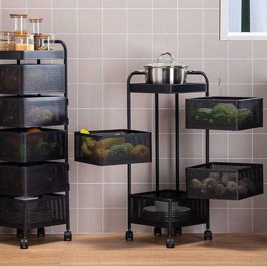 4 Layer Movable Fruit Basket Square Shape Kitchen Rack Stand in Black