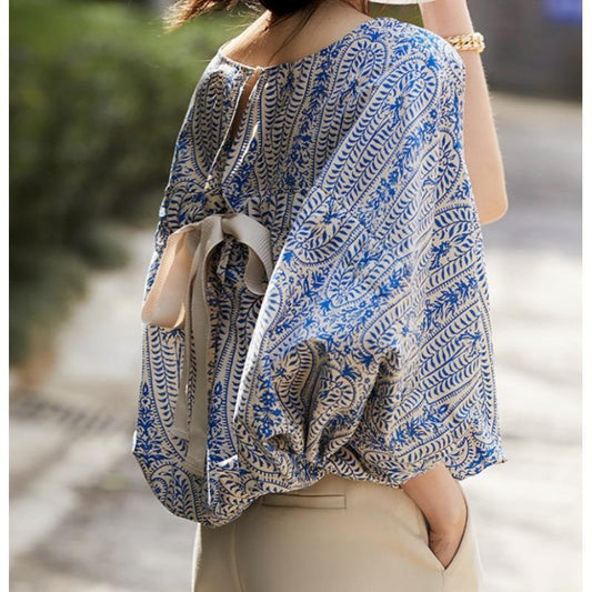 Women's Refreshing Loose Batwing Sleeve Back Lace-up Bow Floral Shirt Top