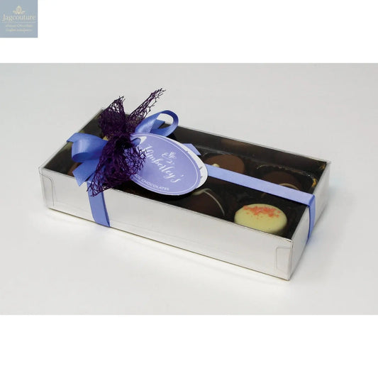 8 handmade English truffles and chocolates in silver gift box with menu tag