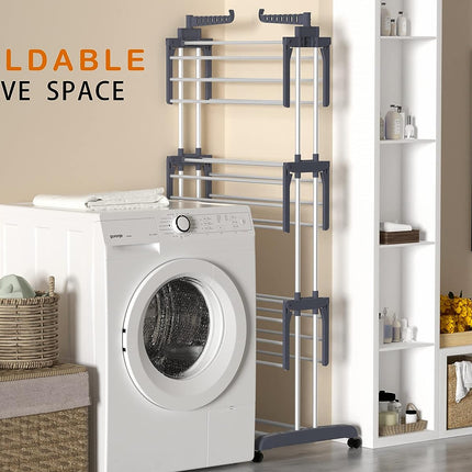 Airer Clothes Drying Rack,4-Tier Foldable Clothes Hanger Adjustable Large Stainless Steel Garment Laundry Racks for Indoor Outdoor