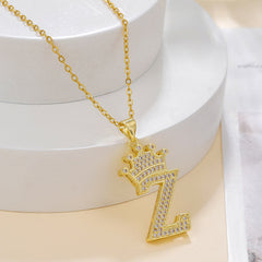 1PCS Fashionable Gold Diamond Crown Uppercase Letter Popular Pendant Necklace Suitable For Daily Use Festivals Parties Gifts Jewelry Set