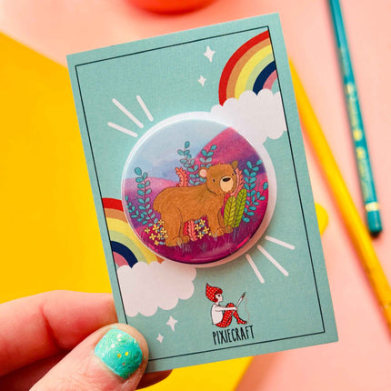 Brown Bear Illustrated Art Vibrant Pin Badge or Magnet- Multiple options available