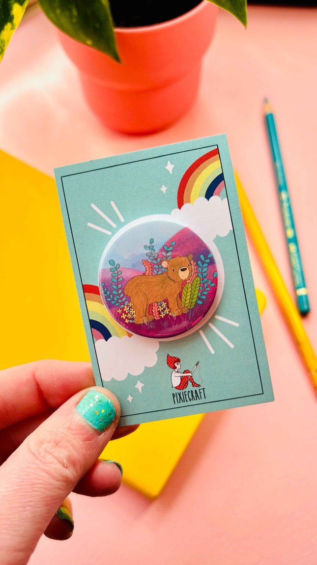 Brown Bear Illustrated Art Vibrant Pin Badge or Magnet- Multiple options available