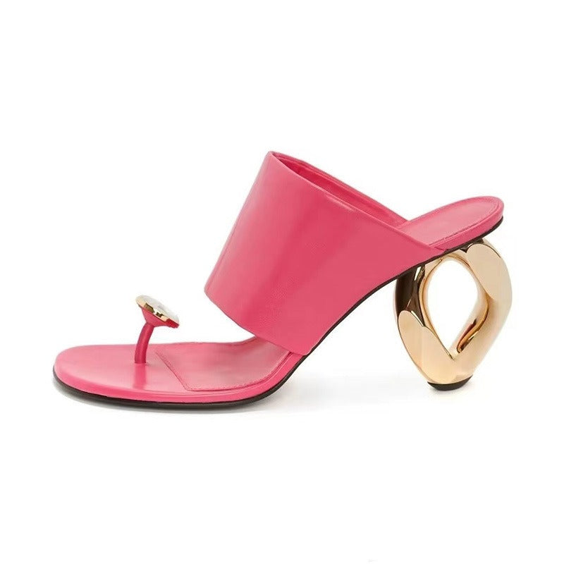 Glamorous high heel slides featuring a hint of sparkle and a comfortable, rounded toe