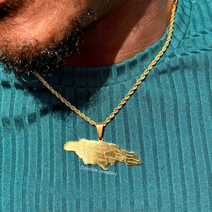 *NEW* Big Jamaica ‘14 Parish’ Engraved Map Necklace gold