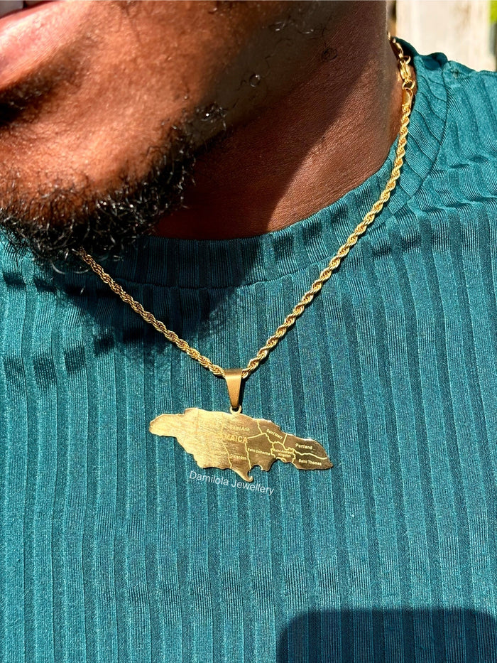 *NEW* Big Jamaica ‘14 Parish’ Engraved Map Necklace gold