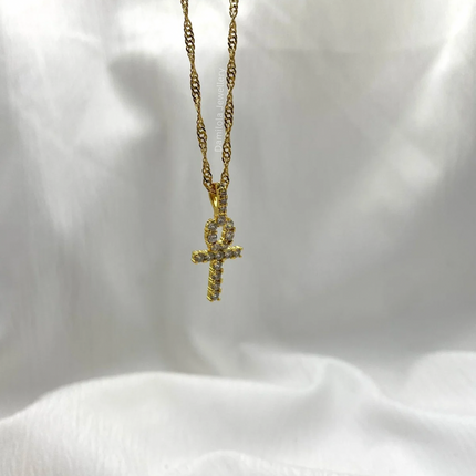 Small Diamanté Ankh Necklace - Gold