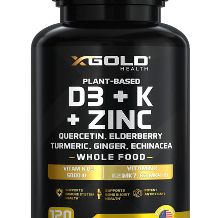 Vitamin D3 5000 IU + K2 MK7/MK4/K1, Zinc, Quercetin, Elderberry, Turmeric & Echinacea – 8-in-1 Plant-Based (120 capsules)