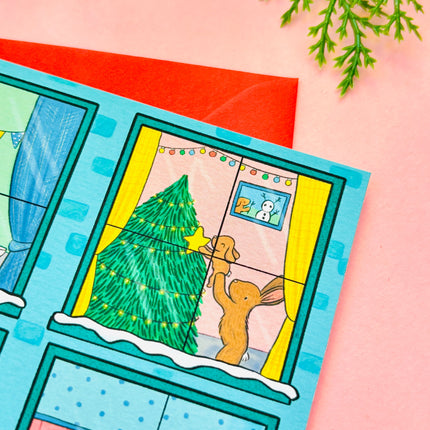 Illustrated animals Christmas scene A6 greetings card