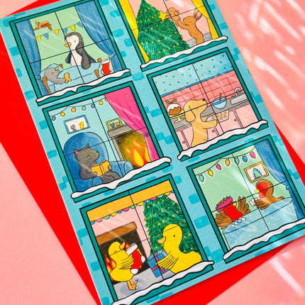 Illustrated animals Christmas scene A6 greetings card