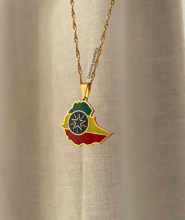 Ethiopia Flag Map Necklace - Silver/Gold