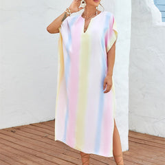 Beach Cover-up Rainbow Color Long Slit V-neck