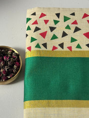 Traditional Kerala Cotton Onam Saree with Geometric Print & Green Kasavu Border S109