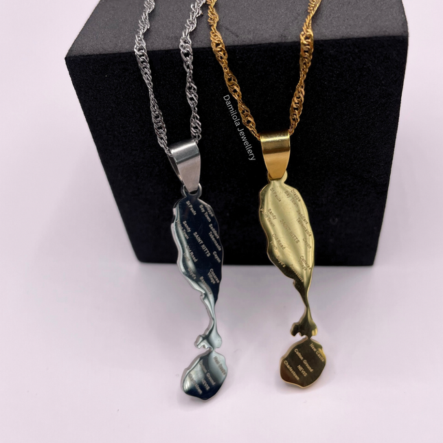 St Kitts and Nevis Engraved Map Necklace - Gold/Silver