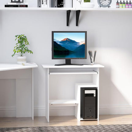 Compact Small Computer Table Wooden Desk Keyboard Tray Storage Shelf Corner (WHITE)